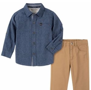 Calvin Klein Toddler Boys Tonal Check Woven Shirt with Pant, 2 Piece Set